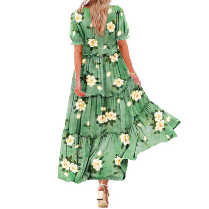 Puff Sleeve Fashion Floral Slimming Long Pleated Print Dress