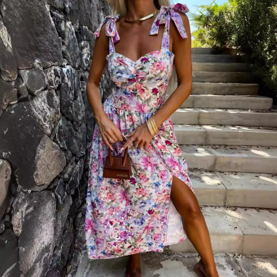 Vestido dividido ajustado a la cintura con tirantes de moda para mujer