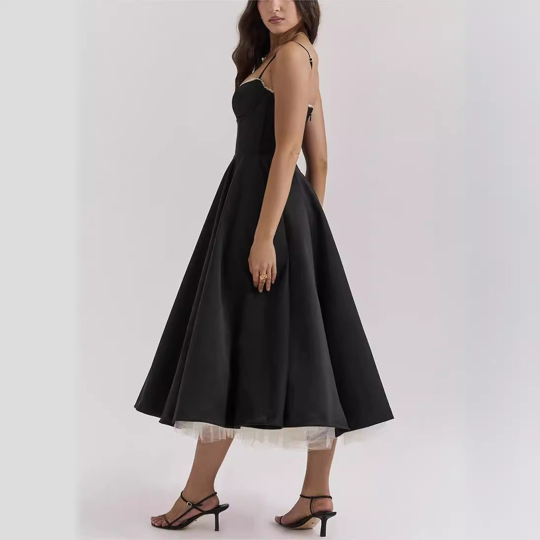 Robe longue bouffante sans manches à col en v pour femmes