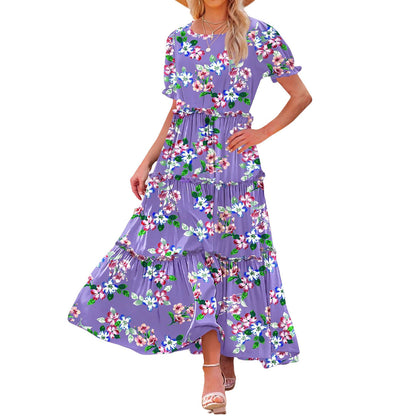 Puff Sleeve Fashion Floral Slimming Long Pleated Print Dress