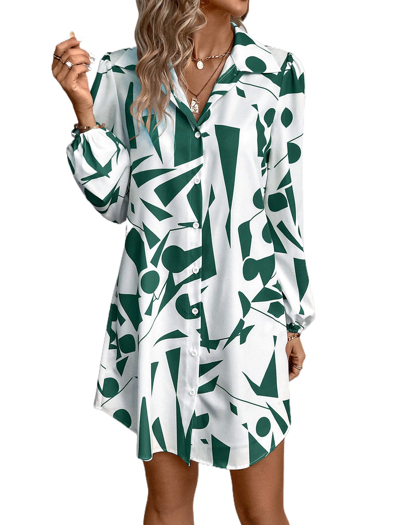 Women's Lapel Lantern Sleeve Print Dress