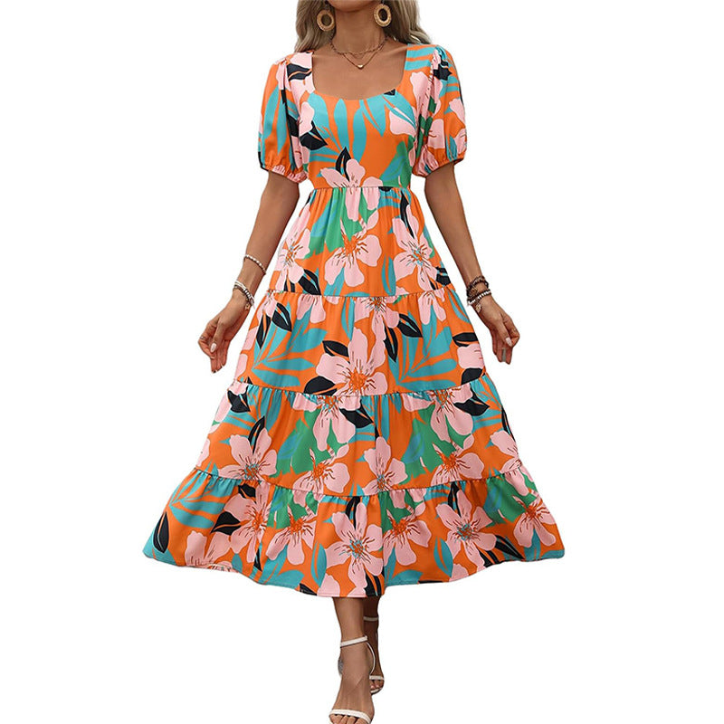 Woman Square-neck Layered Short Sleeve Printed Long Dress