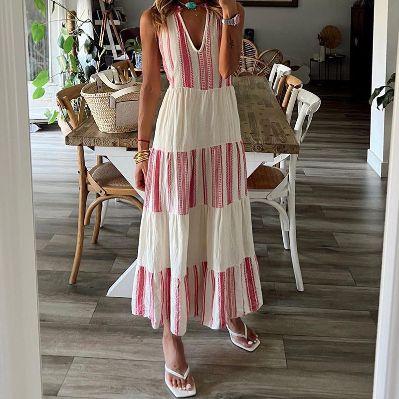 Striped Printed V-neck Sleeveless Mid-length Dress