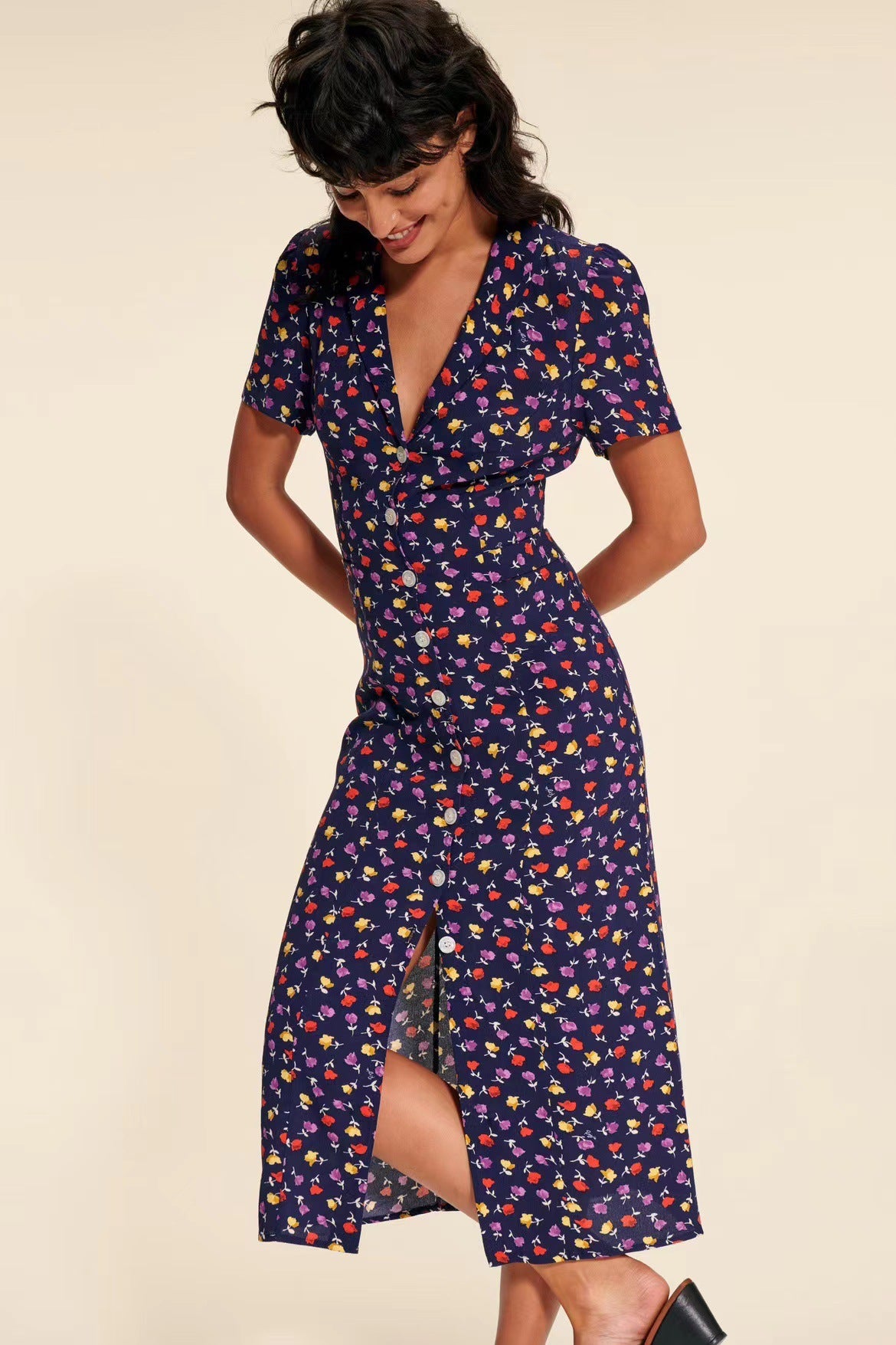 Vestido largo para mujer con estampado floral pastoral y hebilla frontal con solapa y pausa para el té