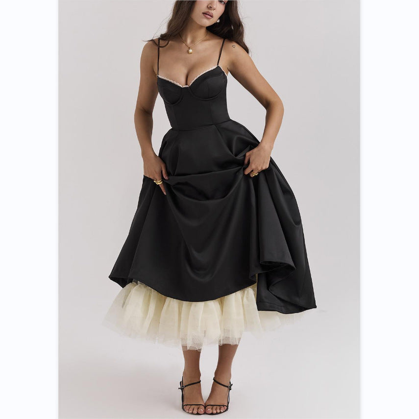 Robe longue bouffante sans manches à col en v pour femmes