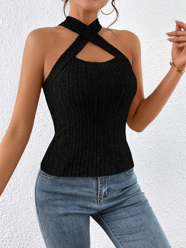 Top de punto cepillado sin mangas con cuello halter para mujer