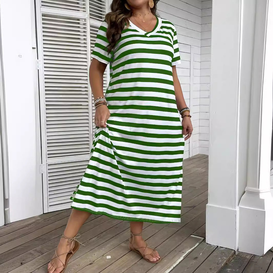 Women's V-neck Striped Print Dress