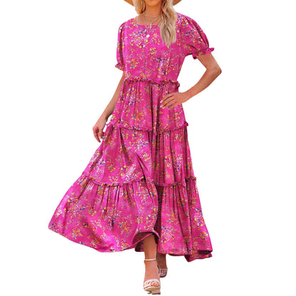 Puff Sleeve Fashion Floral Slimming Long Pleated Print Dress