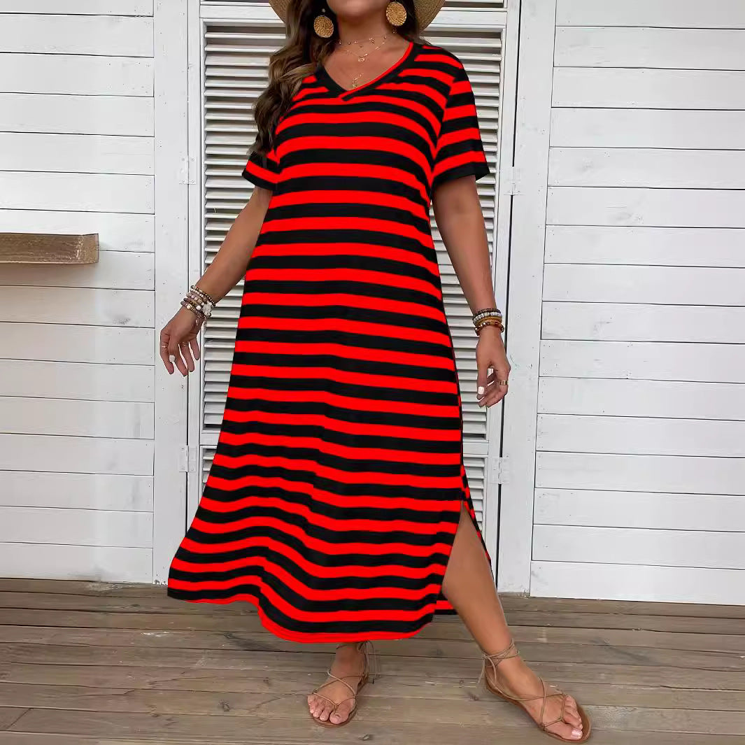 Women's V-neck Striped Print Dress