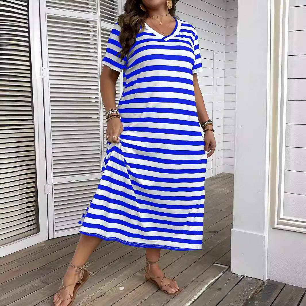 Women's V-neck Striped Print Dress