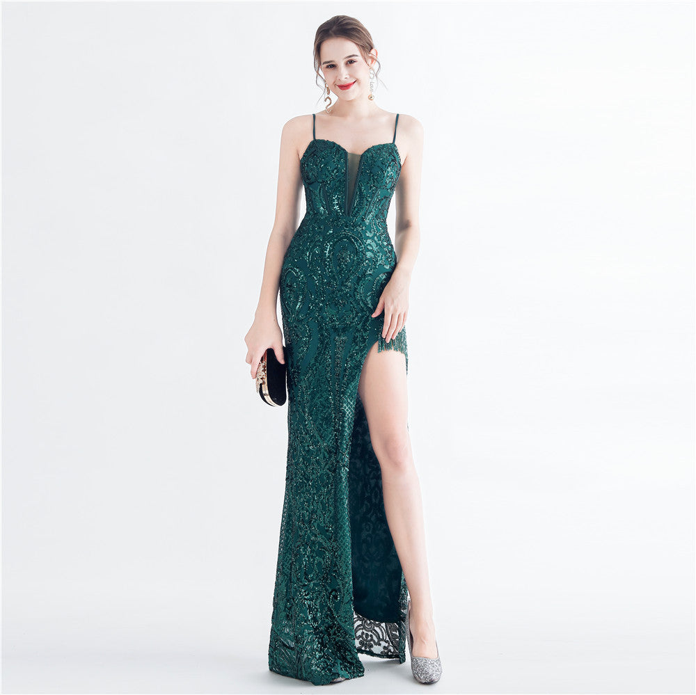 Handmade Beaded Flower Sequined Fishbone Evening Dress