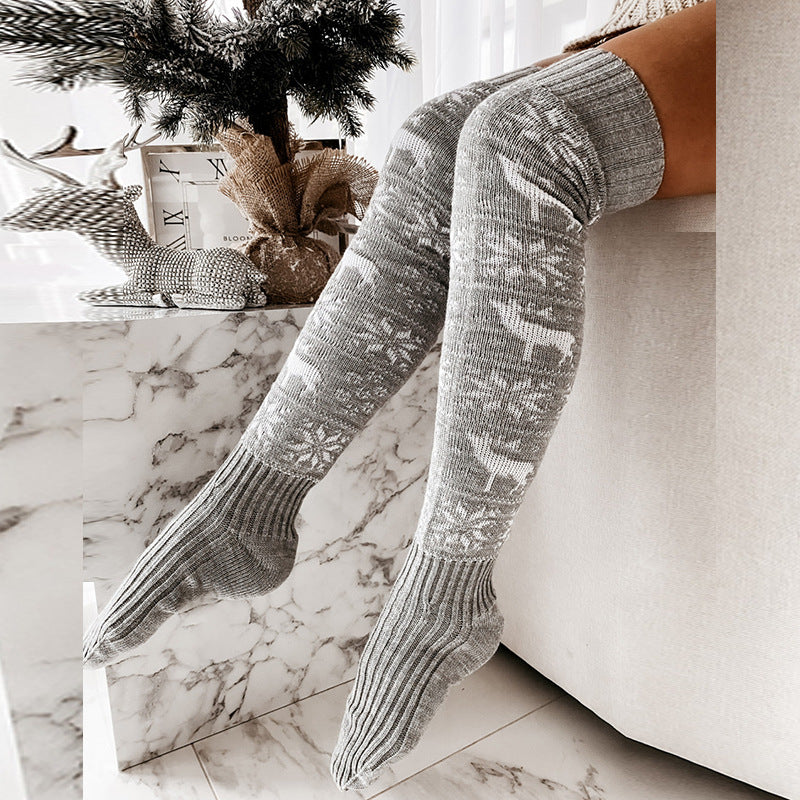 Invierno Navidad Cálido Punto Mujer Medias Hermoso Alce Copo de nieve Jacquard Sobre la rodilla Calcetines largos casuales para damas Regalos Tamaño libre