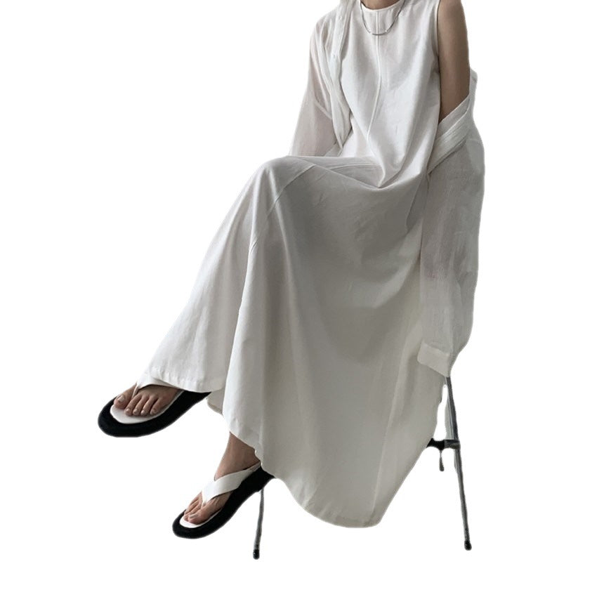 Robe longue en coton et lin, ample, sans manches, couleur citrouille, style chic