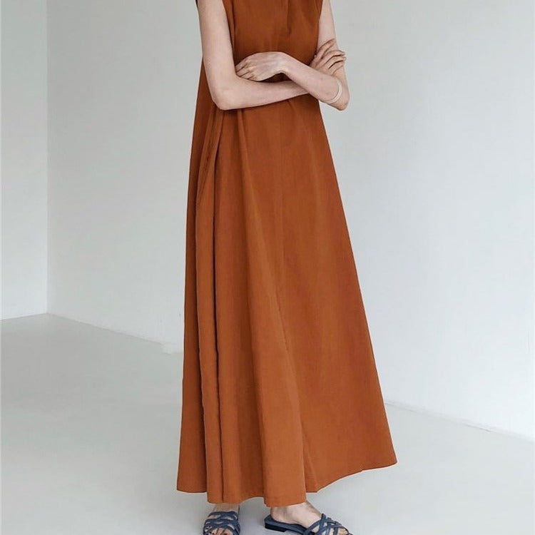 Chic Style Loose Sleeveless Pumpkin Color Long Cotton And Linen Dress