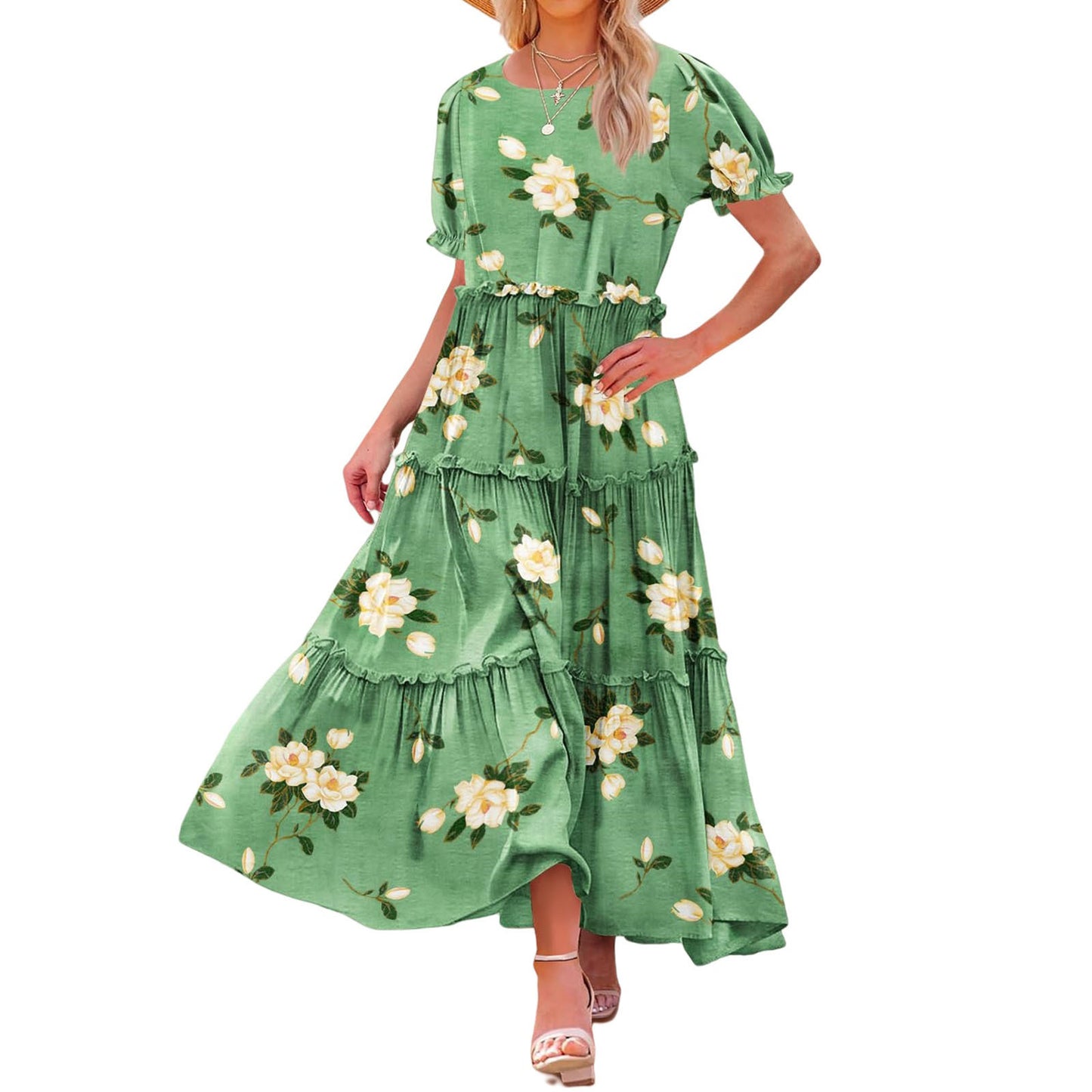 Robe longue plissée à manches bouffantes, mode florale, amincissante, imprimée