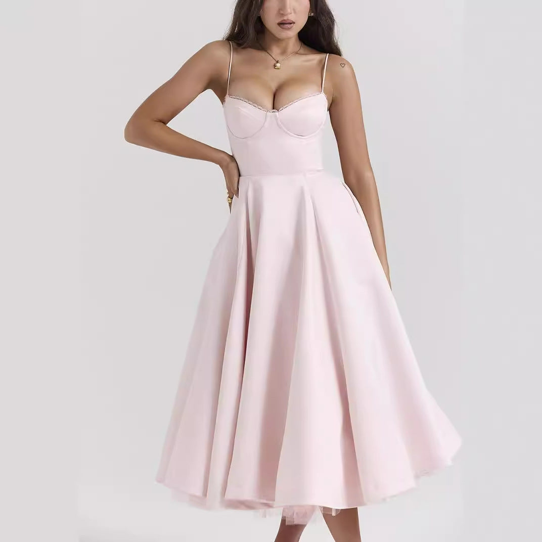 Robe longue bouffante sans manches à col en v pour femmes