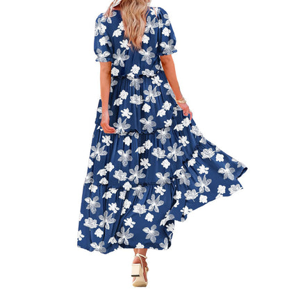 Puff Sleeve Fashion Floral Slimming Long Pleated Print Dress