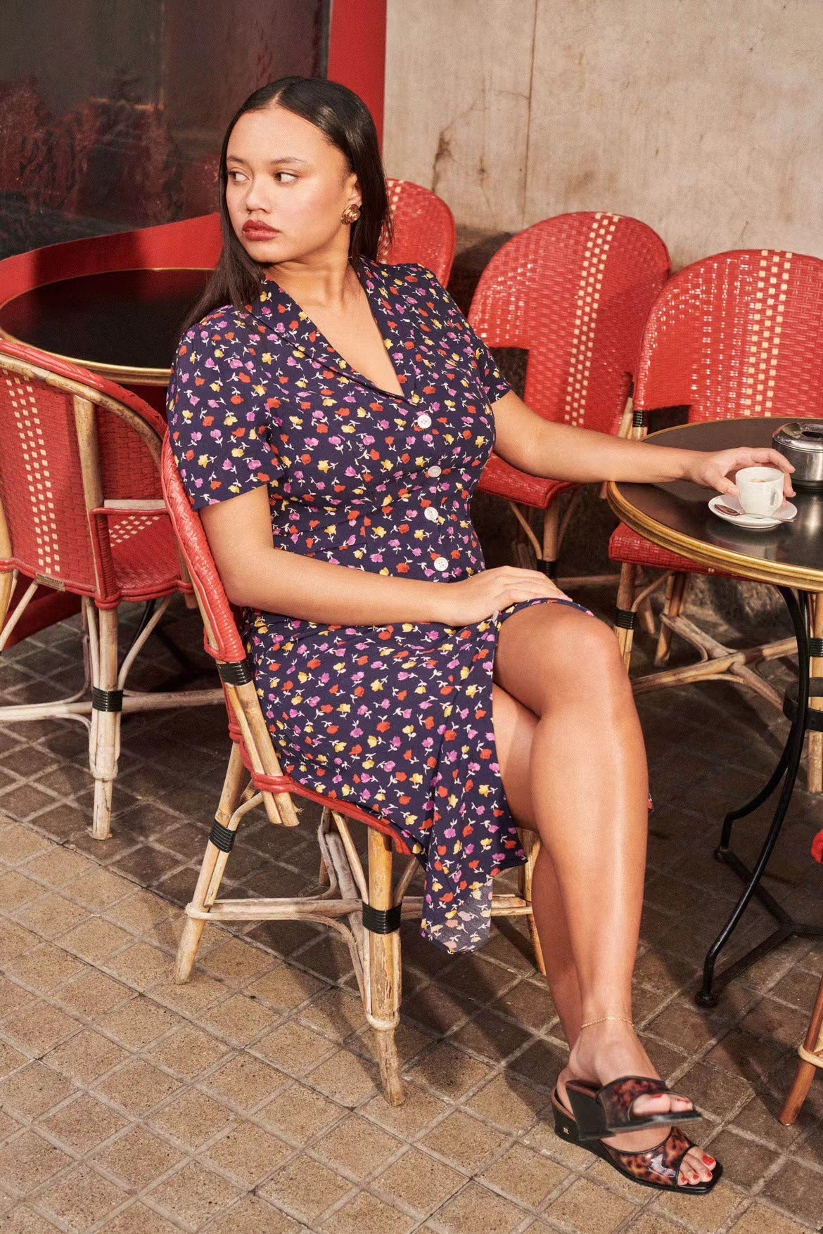 Vestido largo para mujer con estampado floral pastoral y hebilla frontal con solapa y pausa para el té