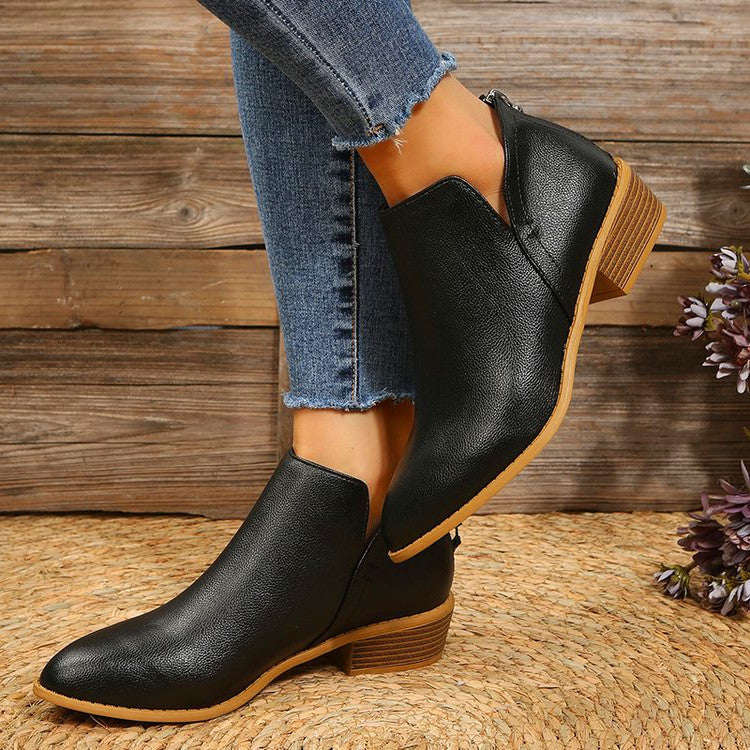 Pointed Toe Chunky Heel Booties Women's Back Zipper