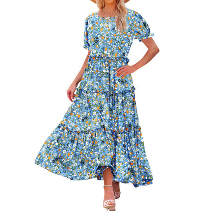 Puff Sleeve Fashion Floral Slimming Long Pleated Print Dress