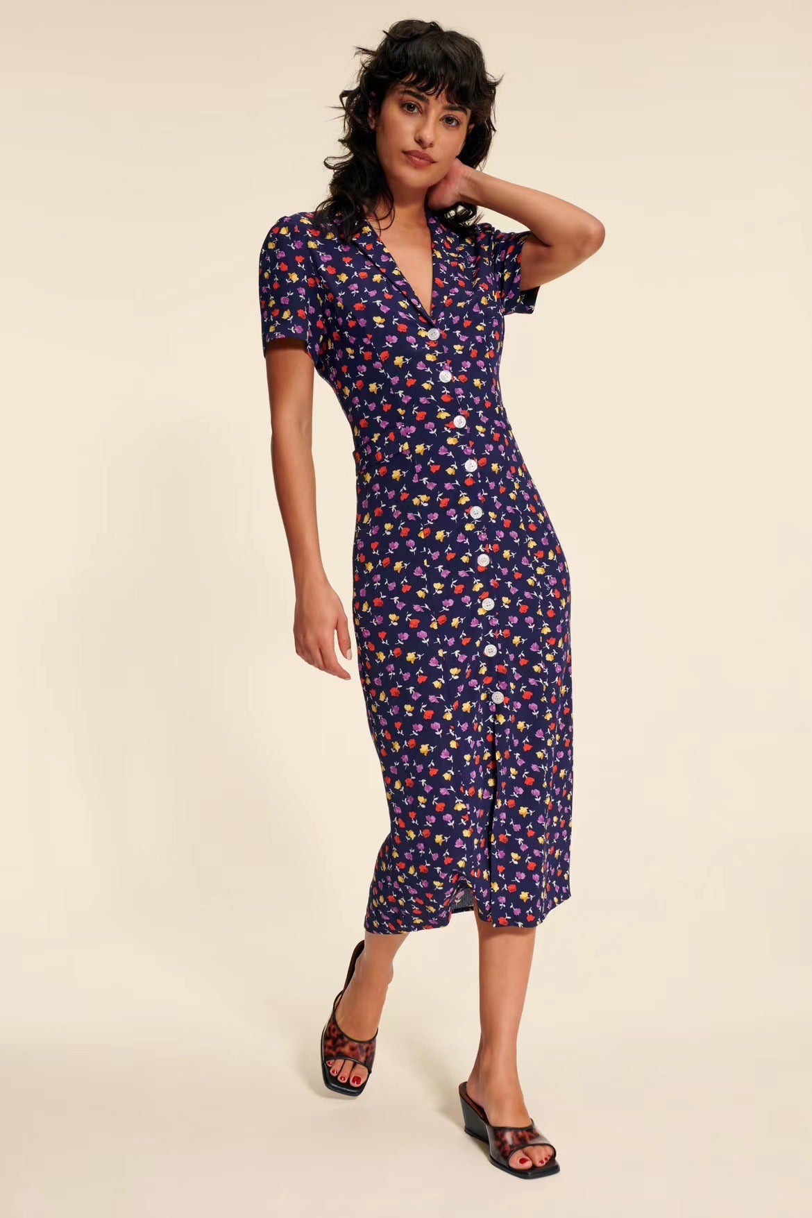 Vestido largo para mujer con estampado floral pastoral y hebilla frontal con solapa y pausa para el té