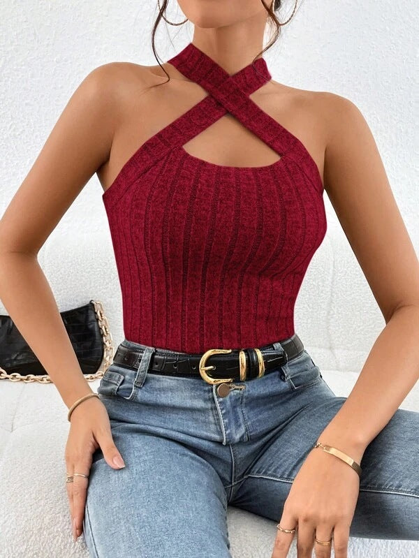 Top de punto cepillado sin mangas con cuello halter para mujer