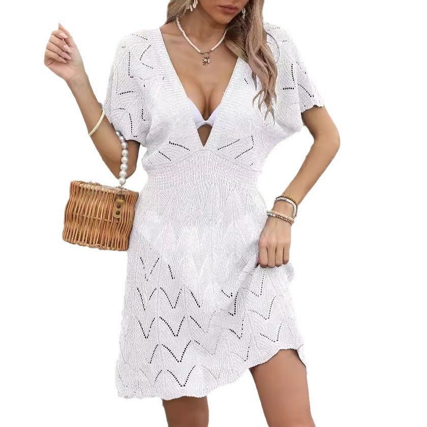 Deep V-neck Backless Hollow Woven Dress