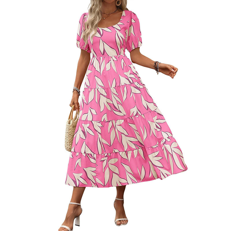 Woman Square-neck Layered Short Sleeve Printed Long Dress