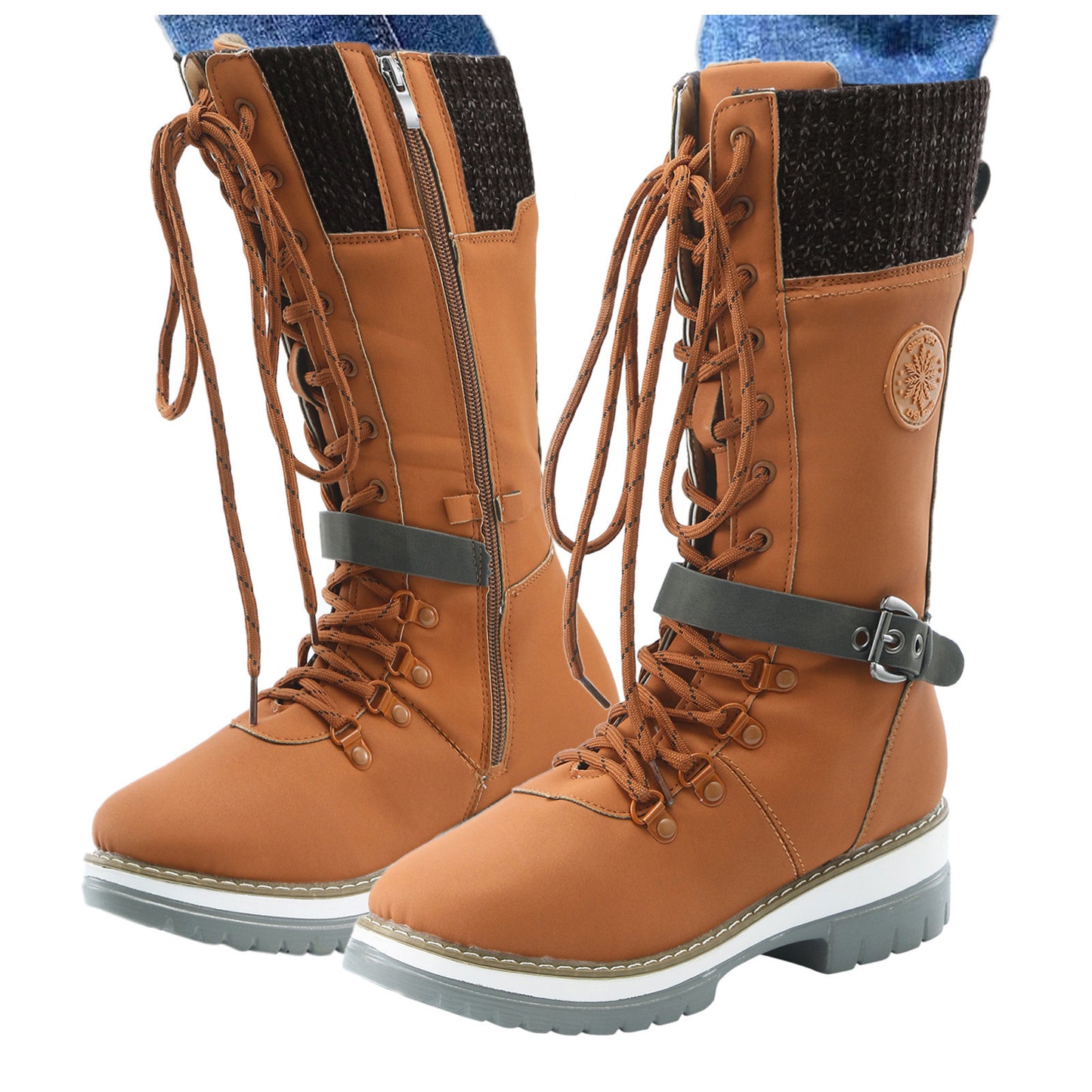 Bottes mi-hautes pour femmes Bout rond Talon carré Cuir