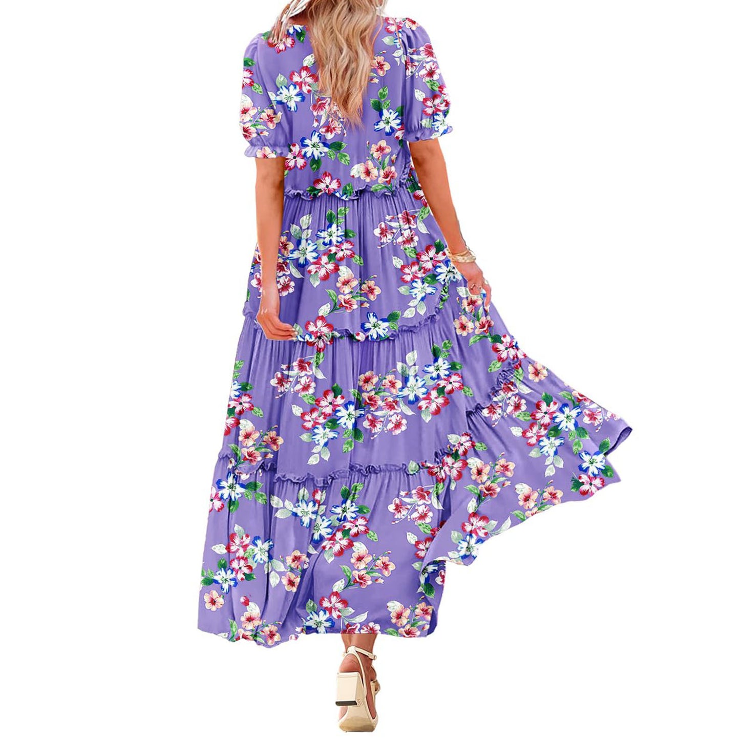 Puff Sleeve Fashion Floral Slimming Long Pleated Print Dress