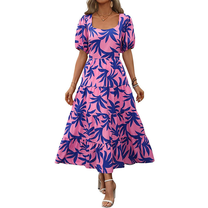 Woman Square-neck Layered Short Sleeve Printed Long Dress