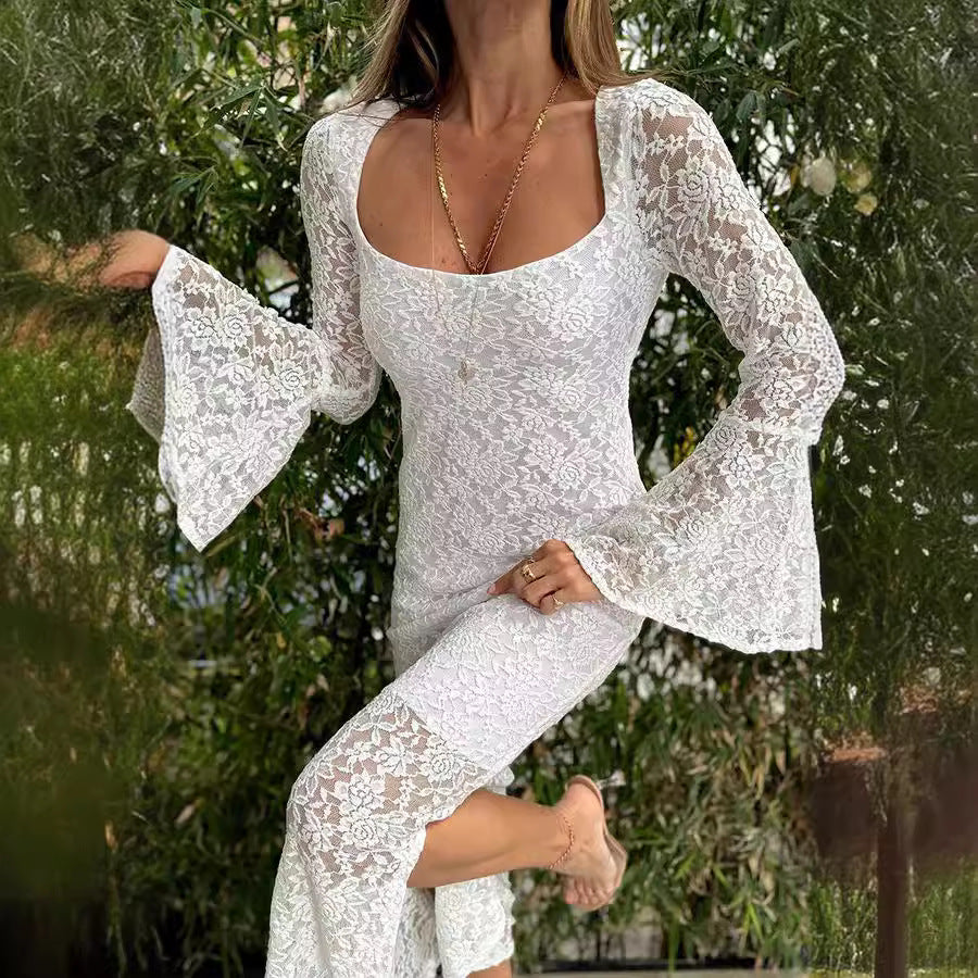 Lace Bell Sleeve Slim Fit Women Split Dress