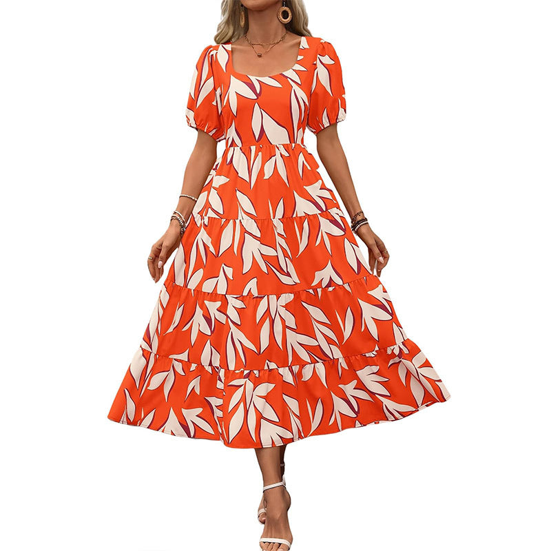 Woman Square-neck Layered Short Sleeve Printed Long Dress