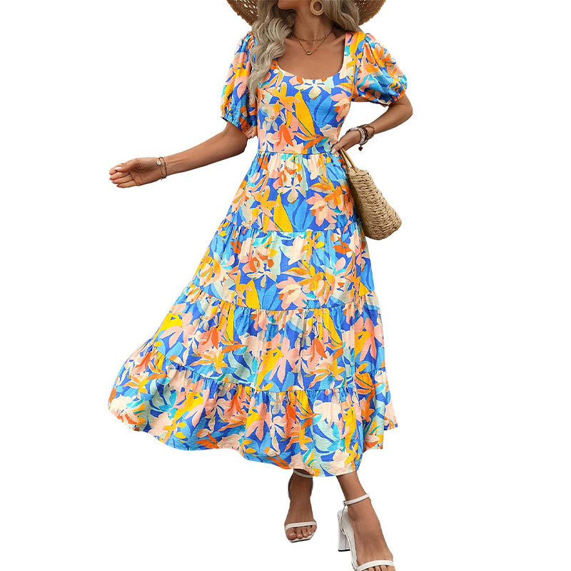 Woman Square-neck Layered Short Sleeve Printed Long Dress