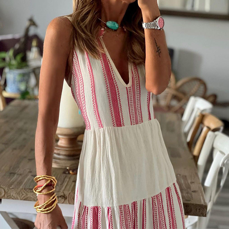 Striped Printed V-neck Sleeveless Mid-length Dress