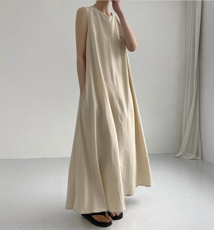 Robe longue en coton et lin, ample, sans manches, couleur citrouille, style chic