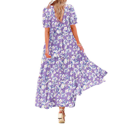 Puff Sleeve Fashion Floral Slimming Long Pleated Print Dress