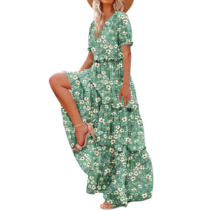 Puff Sleeve Fashion Floral Slimming Long Pleated Print Dress