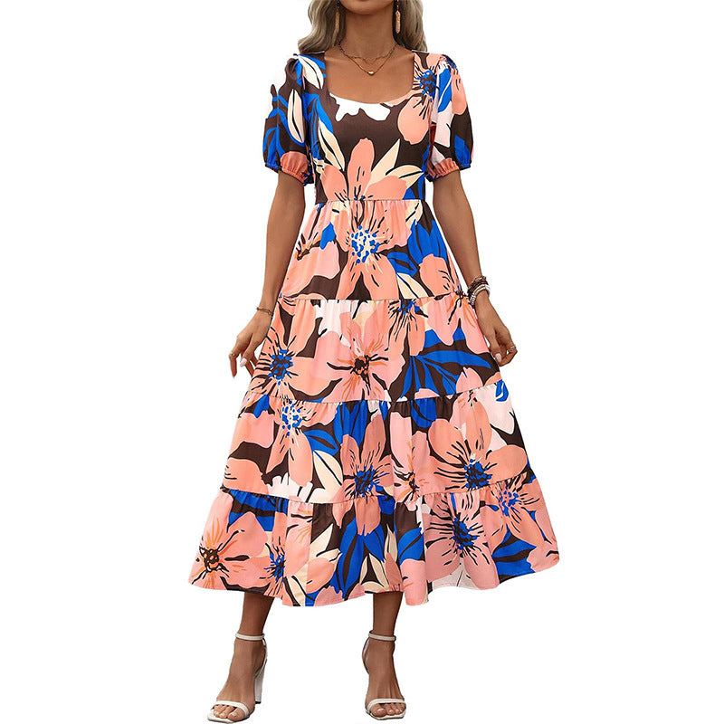 Woman Square-neck Layered Short Sleeve Printed Long Dress