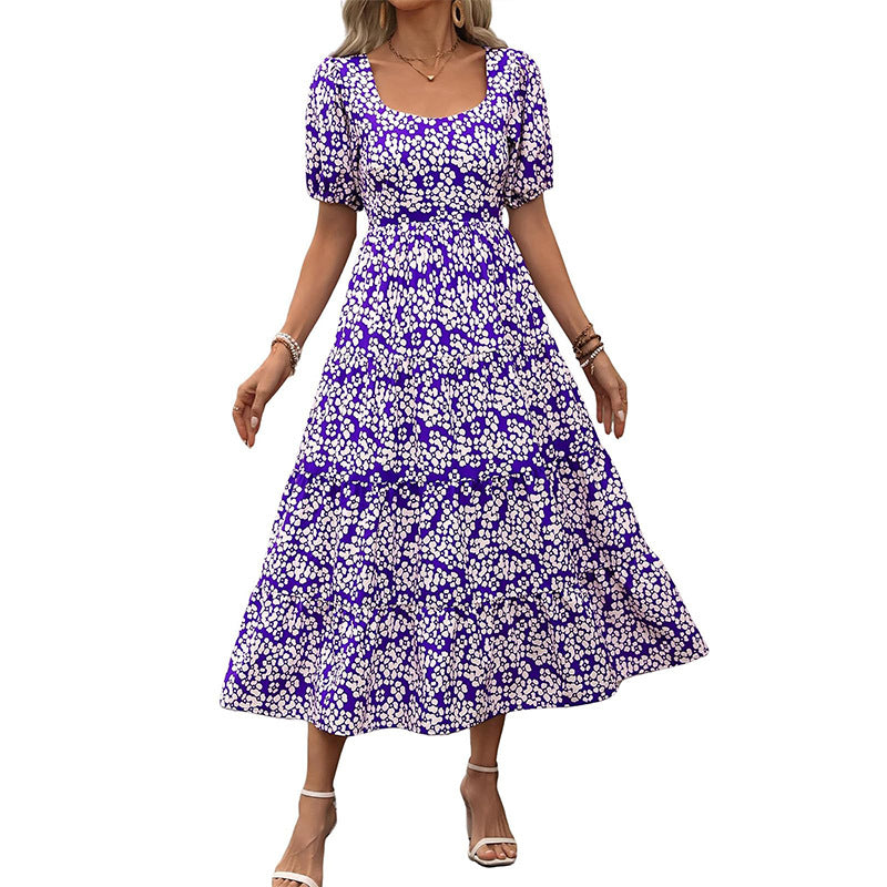 Woman Square-neck Layered Short Sleeve Printed Long Dress