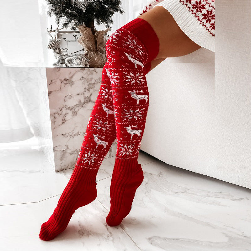 Hiver Noël Chaud Tricoté Femmes Bas Belle Elk Flocon De Neige Jacquard Sur le genou Casual Longues Chaussettes Pour Dames Cadeaux Taille Libre