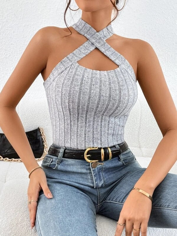 Top de punto cepillado sin mangas con cuello halter para mujer