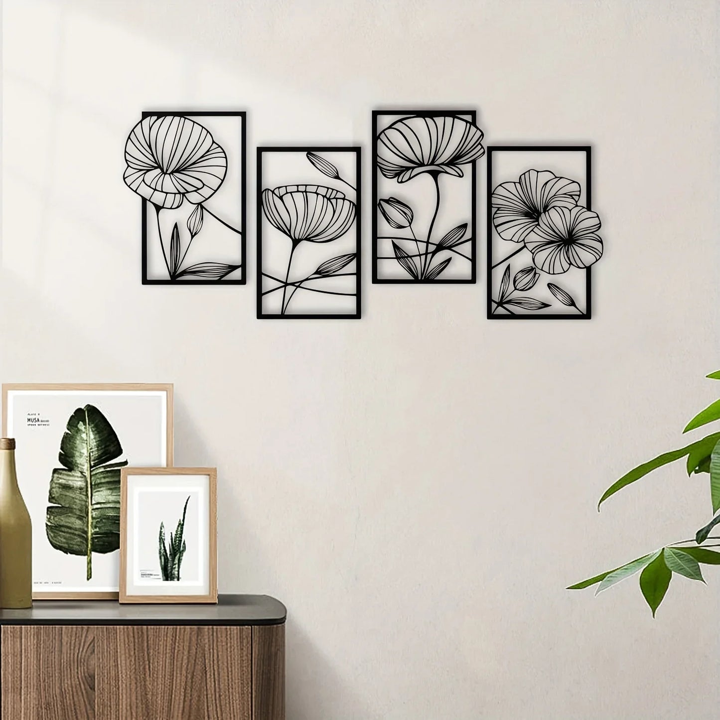 CIFBUY 4 Pcs Metal Lotus Flower Wall Decor, Abstract Floral Aesthetic Splicing Line Art, for Home Indoor And Outdoor Decoration