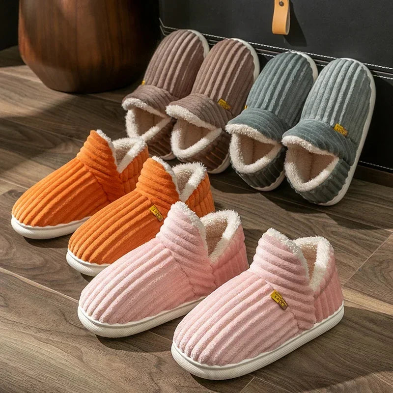 Estilo de pareja de invierno conciso Color sólido tacones envolventes Zapatillas de felpa chanclas cálidas antideslizantes mujeres hombres zapatos casuales de algodón para el hogar