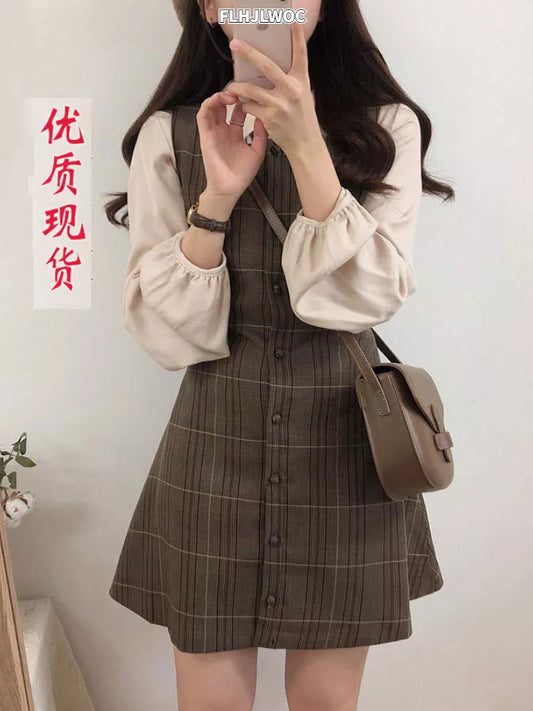 Lindo Mini vestidos de fecha de Año Nuevo chaleco sin mangas mujeres Corea estilo japonés diseño Retro Vintage a cuadros vestido camisero con botones 11021