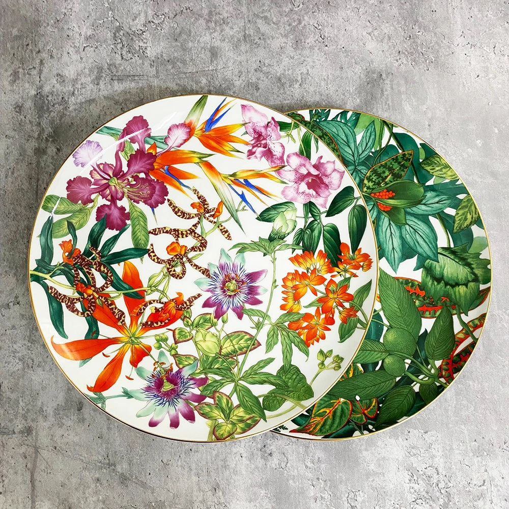 Assiettes à dîner en céramique de forêt tropicale de qualité supérieure, motif géométrique, assiette de chargeur, vaisselle, ensemble d'assiettes, plat de service