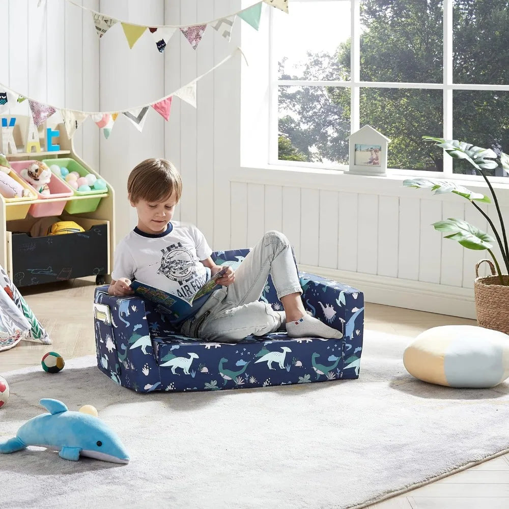 Ulax Furniture Canapé pliant pour enfants 2 en 1, canapé convertible en chaise longue avec tissu en peluche doux (dinosaure bleu marine)