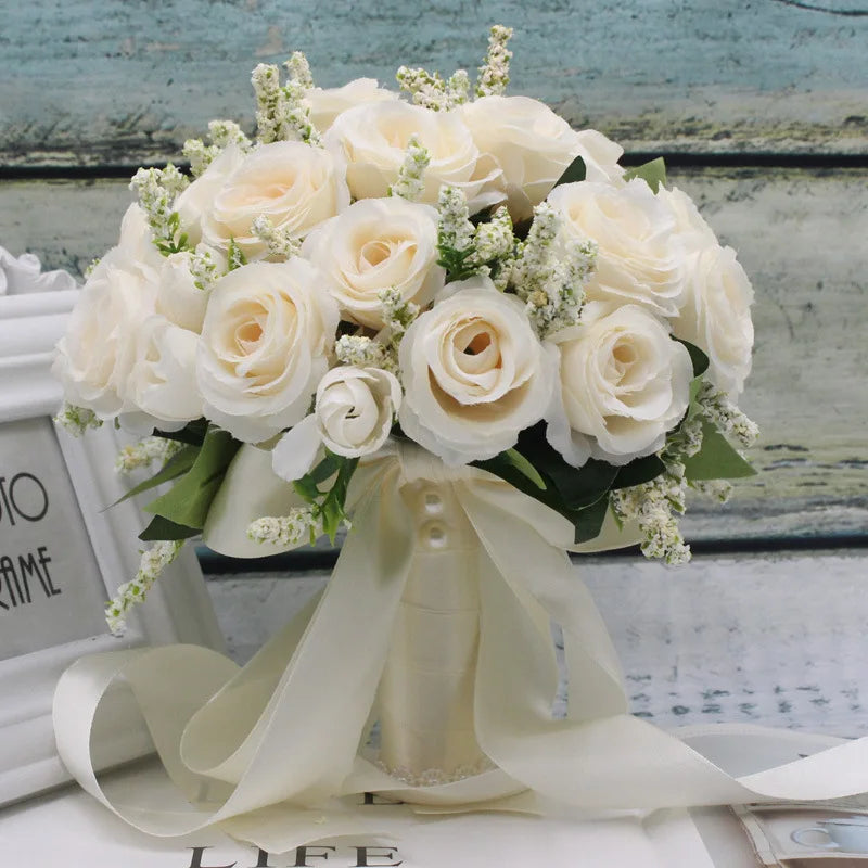 Ramo de novia para dama de honor, flores de seda blancas, rosas artificiales hechas a mano, accesorios de boda