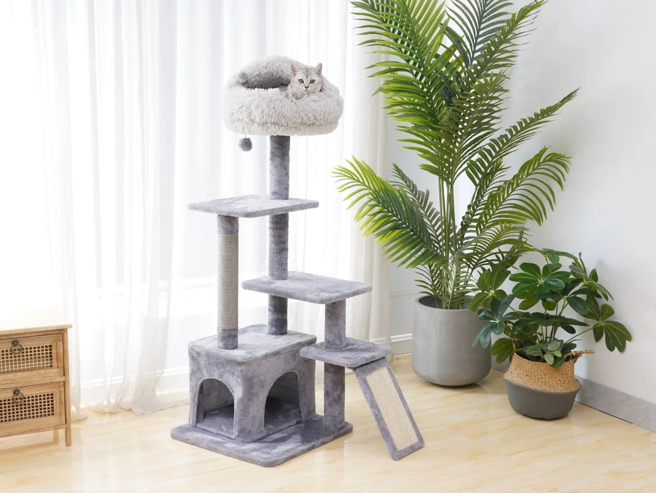 Árbol para gatos gris de 4 niveles con condominio y almohadilla para rascar, rascador para gatos de 48 pulgadas de altura, torre para árbol para gatos