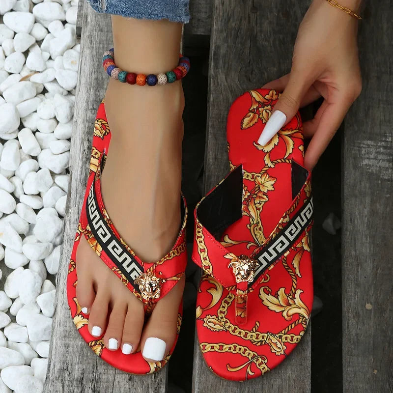 Chanclas sexys para mujer, chanclas planas con estampado a la moda, zapatillas planas para exteriores, sandalias de talla grande para mujer